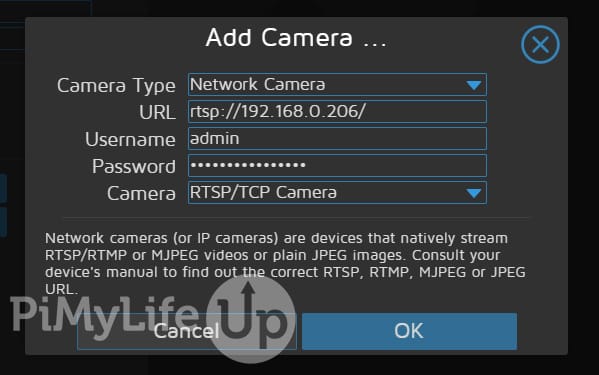 motionEye Add Camera Settings pop-up