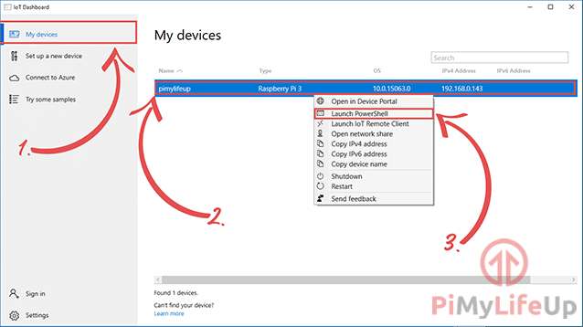 Raspberry Pi Windows 10 IoT Dashboard Launch Powershell