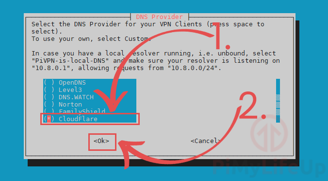 PiVPN Selecionar fornecedor de DNS