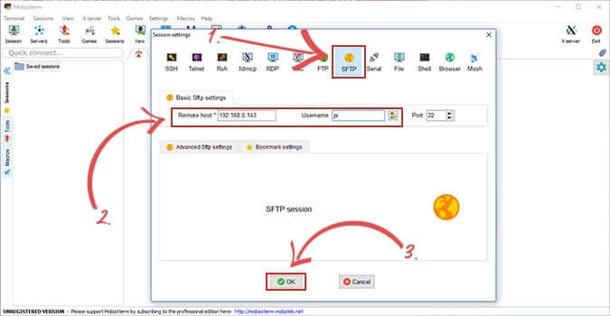 Raspberry Pi Mobaxterm select SFTP