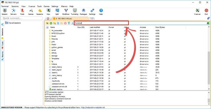 Raspberry Pi Mobaxterm change directory