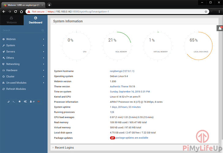 Raspberry Pi Webmin Main Dashboard