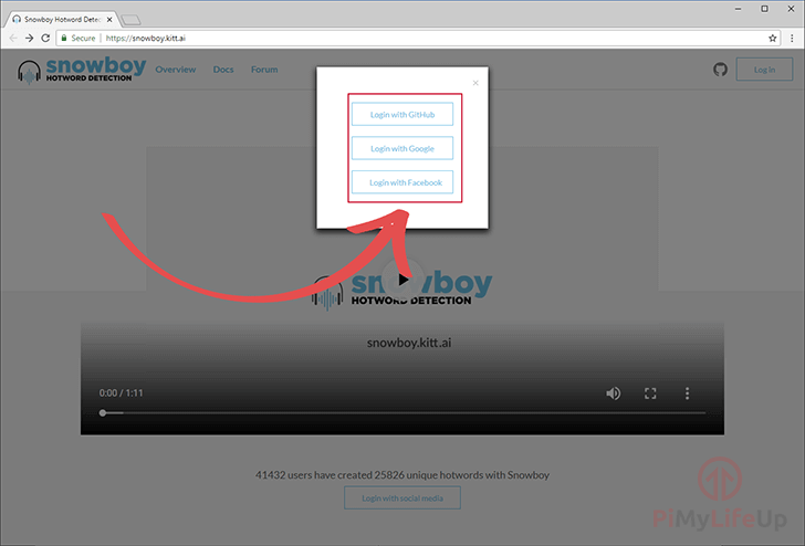 Raspberry Pi Snowboy API Key Step 02 - Log In Options