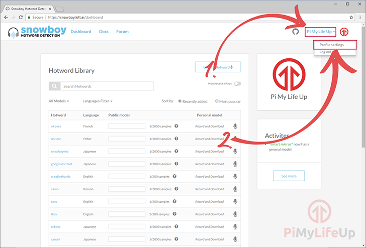 Raspberry Pi Snowboy API Key Step 03 - Main Menu Find Profile Settings