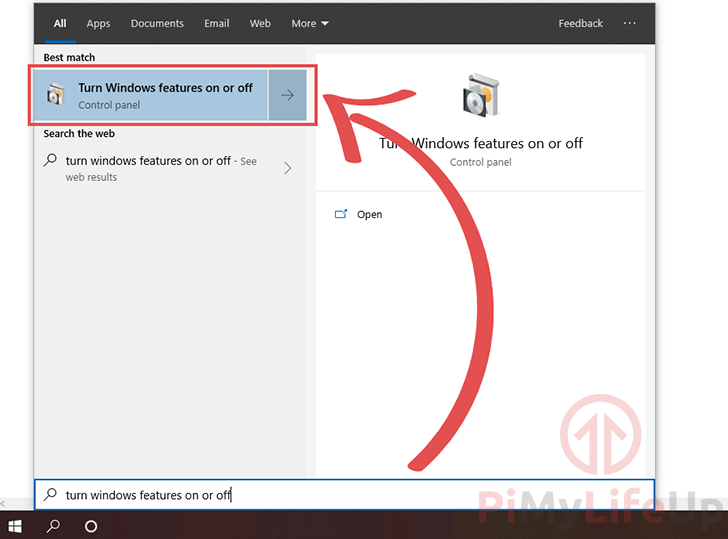 Search Turn Windows Features on and off
