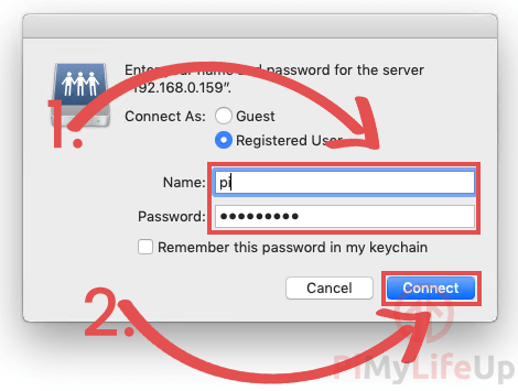Raspberry Pi Samba Cifs - Mac OS X - 04 Enter Login Details