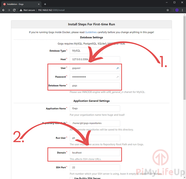 GoGs Install Screen for Database and General Settings