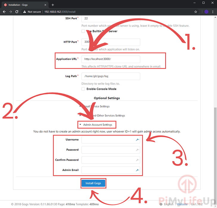 Gogs Install Screen for Optional Settings