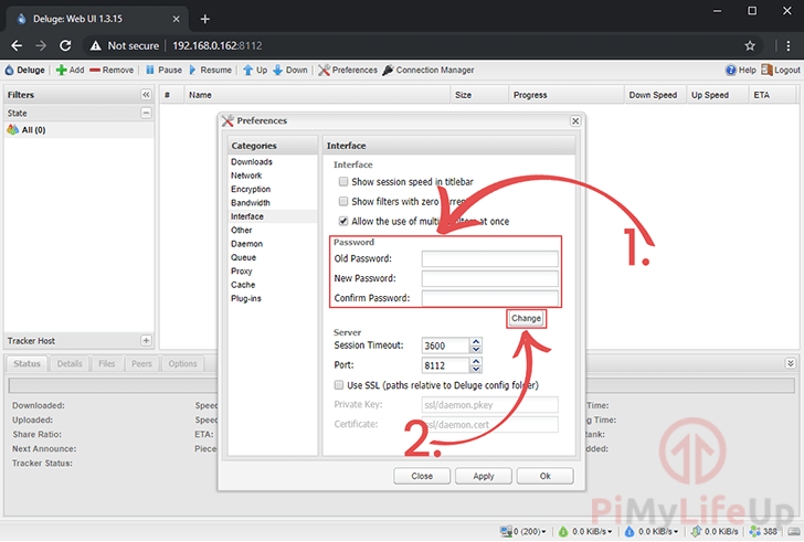 Deluge Web Change Password
