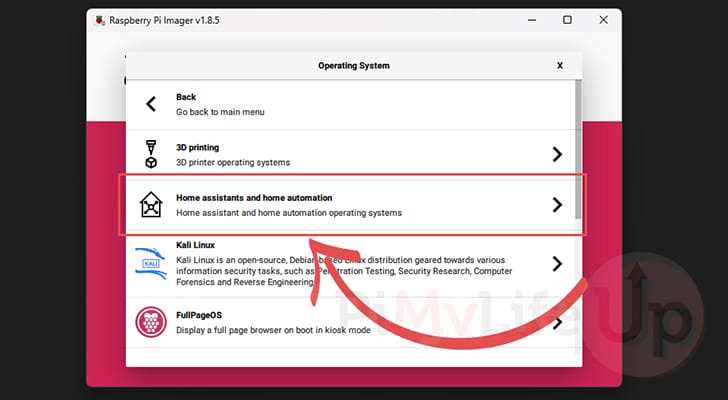 Select Raspberry Pi Home Assistants Menu