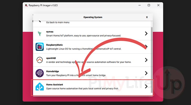 Select Home Assistant for Raspberry Pi Category