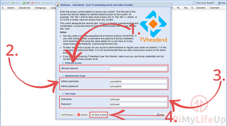 Tvheandend Setup Network and Users