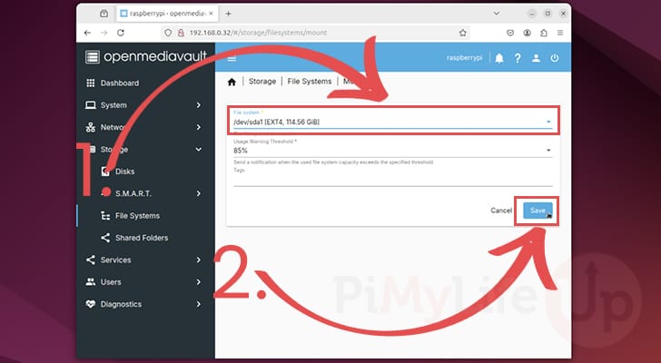 Select filesystem to mount to Raspberry Pi Open Media Vault