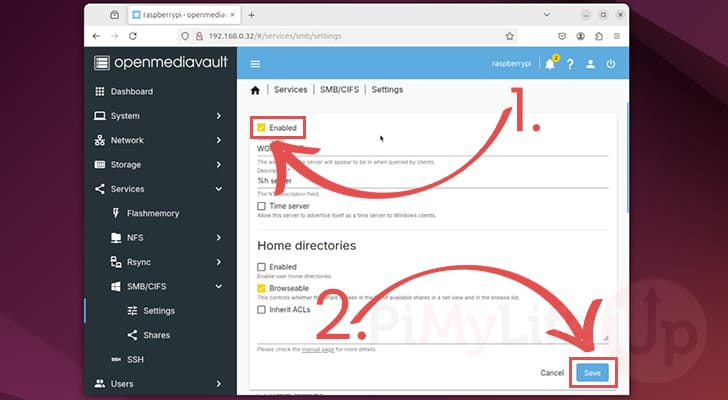 Turn on SMB within OpenMediaVault in the Raspberry Pi