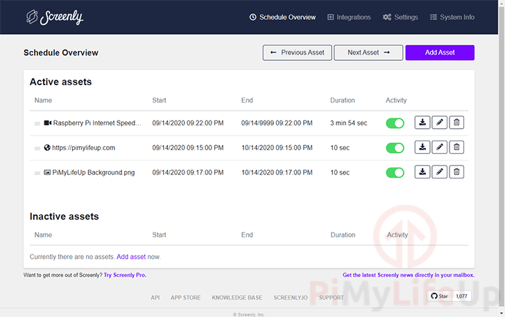 Screenly Dashboard showing active assets