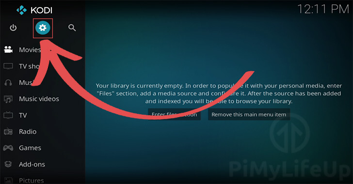 Kodi Main Menu - Find Settings Cog