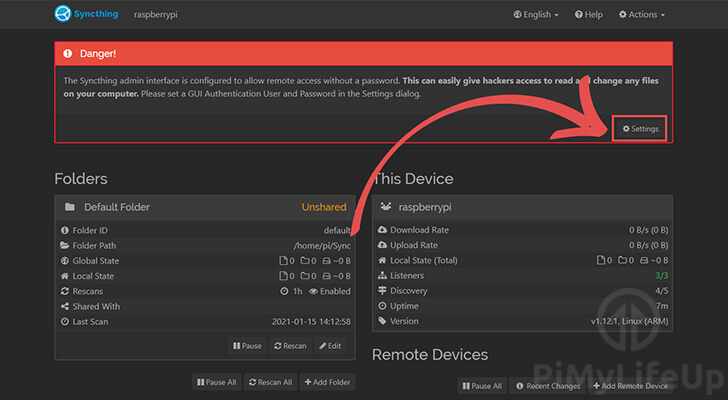 Raspberry Pi Syncthing Changing Password in Settings Option A