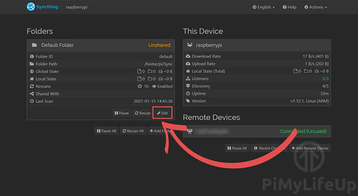 Raspberry Pi Syncthing Edit Existing Folders Settings