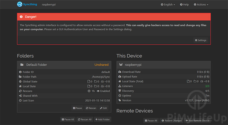 Raspberry Pi Syncthing Initial Website With Danger