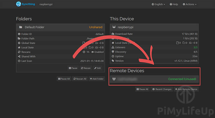 Raspberry Pi Syncthing Remote Device Successfully Connected
