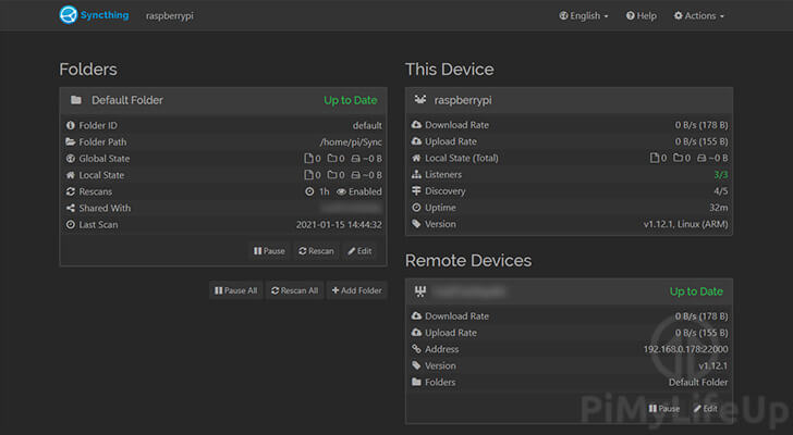 Raspberry Pi Syncthing Successfully Connected and Synchronizing