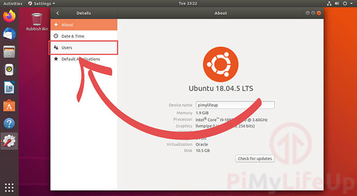 Opening the user Settings on Ubuntu 18.04