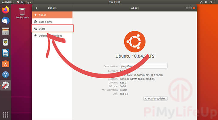 Open the Users Settings Screen for Ubuntu 18.04