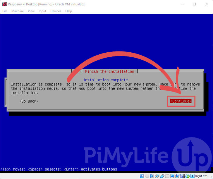 Raspberry Pi Desktop Installation Process Complete for VirtualBox