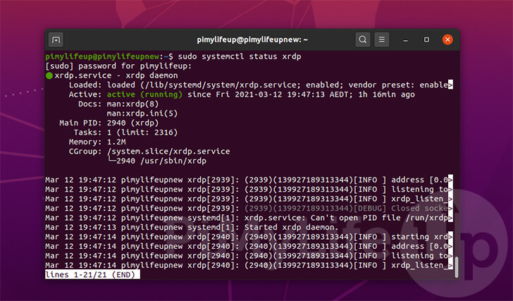 Ubuntu xrdp Getting Status of the service