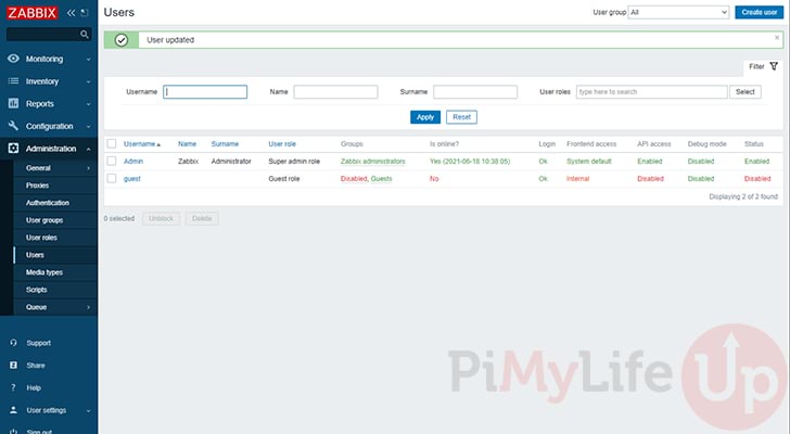 Zabbix User Successfully updated