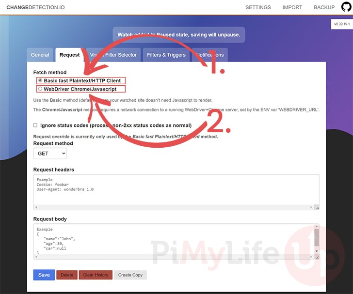 Raspberry Pi Changedetection.io Request Settings