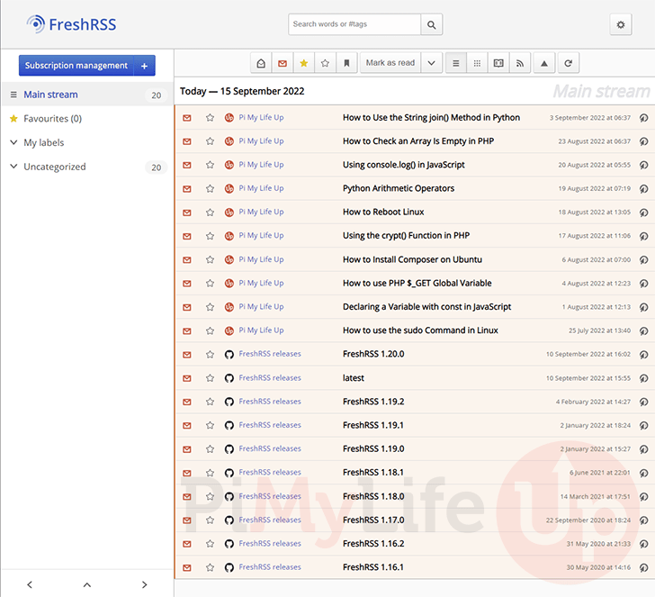 FreshRSS with PiMyLifeUp
