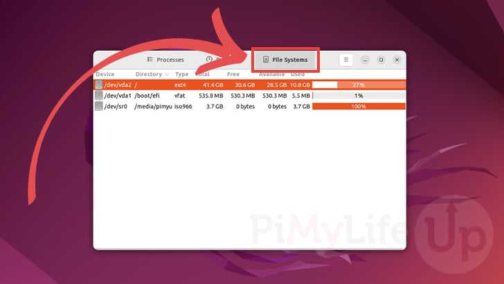 Change to File Systems Tab and view Free Disk Space on Ubuntu