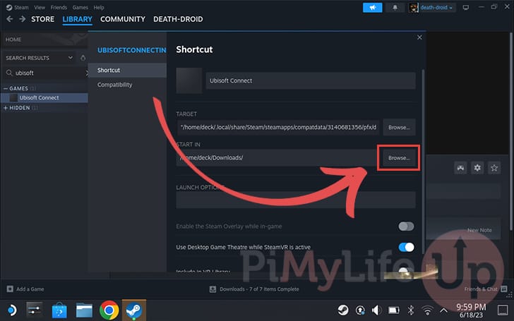 Browse to set the Start In Folder for Ubisoft Connect on the Steam Deck
