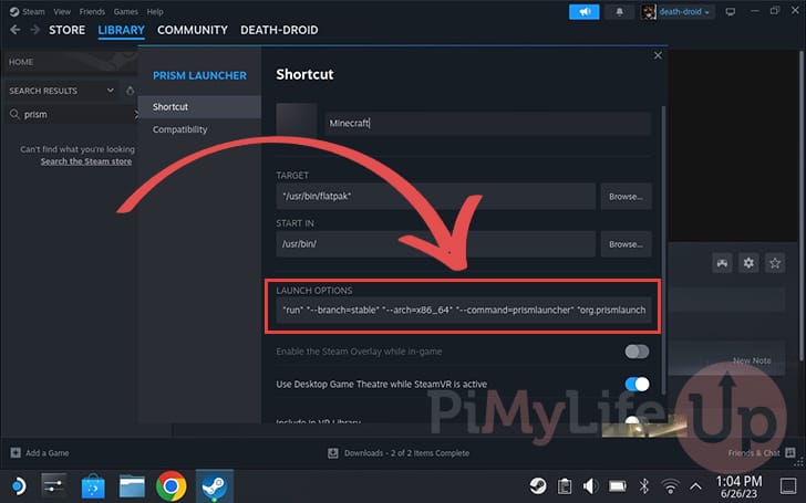 Adjust the launch options to start Minecraft directly on the Steam Deck