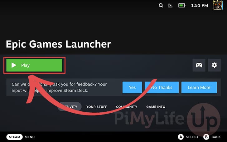 Launch the Epic Games Installer in the gaming mode on the Steam Deck