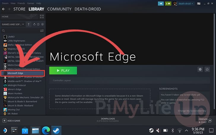 Find Microsoft Edge in Steam Library