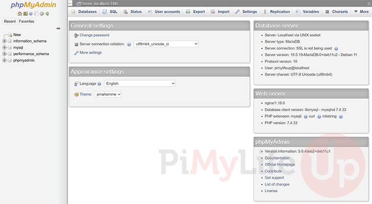 phpMyAdmin Dashboard