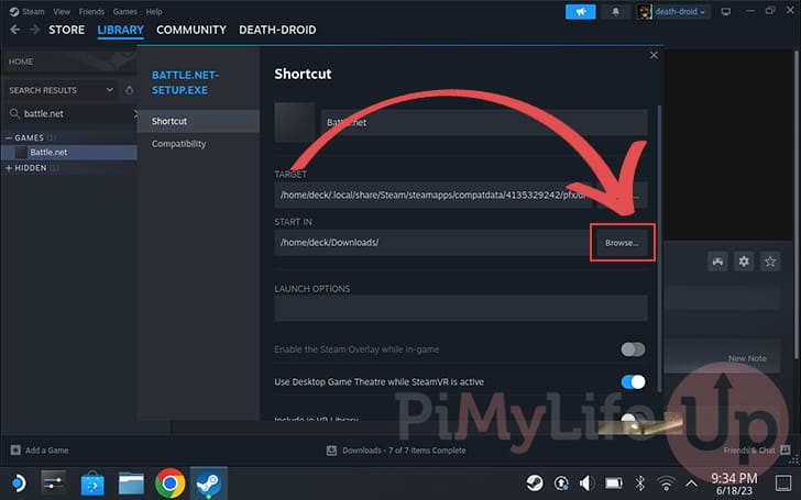 Browse to select Start In Folder for Battle.net on the Steam Deck