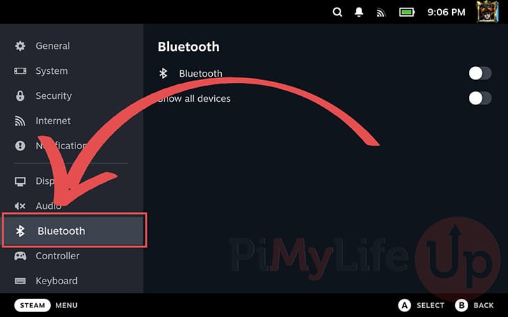 Swap to the Steam Deck Bluetooth menu