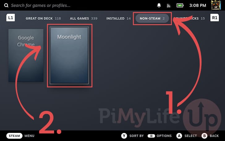Find Moonlight in the Steam Deck Gaming Mode Library