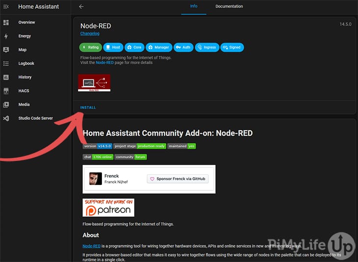 Home Assistant Node-Red Install Screen