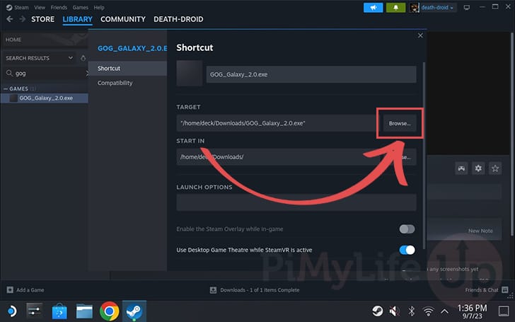 Browse to set the GOG Galaxy Launch Target for the Steam Deck