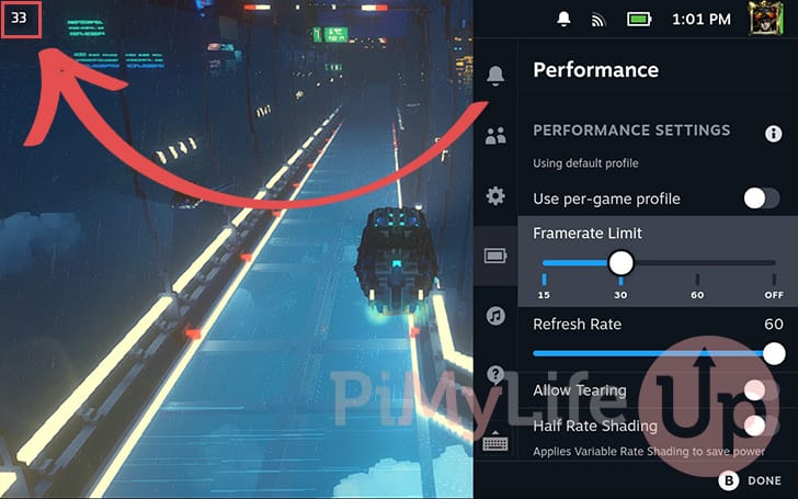 Steam Deck running at rate limited FPS displayed on screen