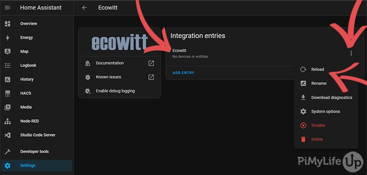 Ecowitt Integration Page with no Devices and reload menu open