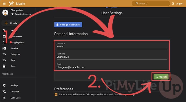 Update Mealie user information