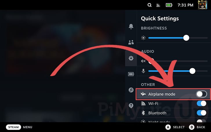 Enable Airplane mode on the Steam Deck
