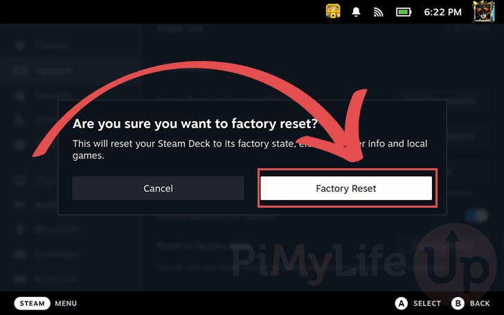 Confirm the Factory Reset on the Steam Deck