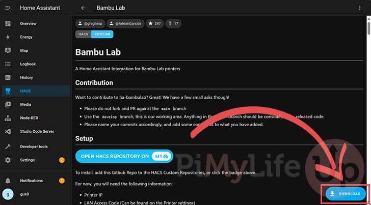 Download Bambu Lab Integration to Home Assistant