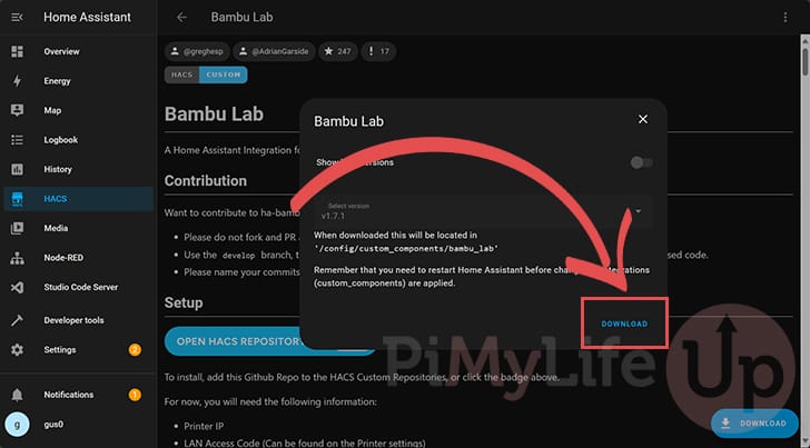 Install the Bambu Lab Integration to Home Assistant